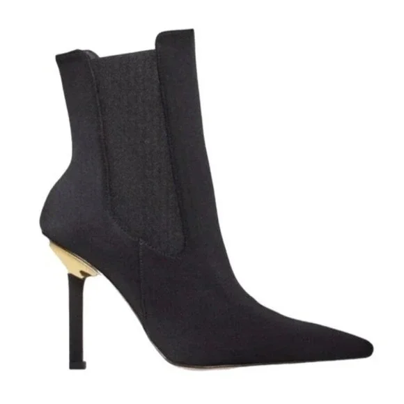 Good American High Kickstand Neoprene Heeled Bootie Black Gold Heel Boots 10 - Picture 2 of 5